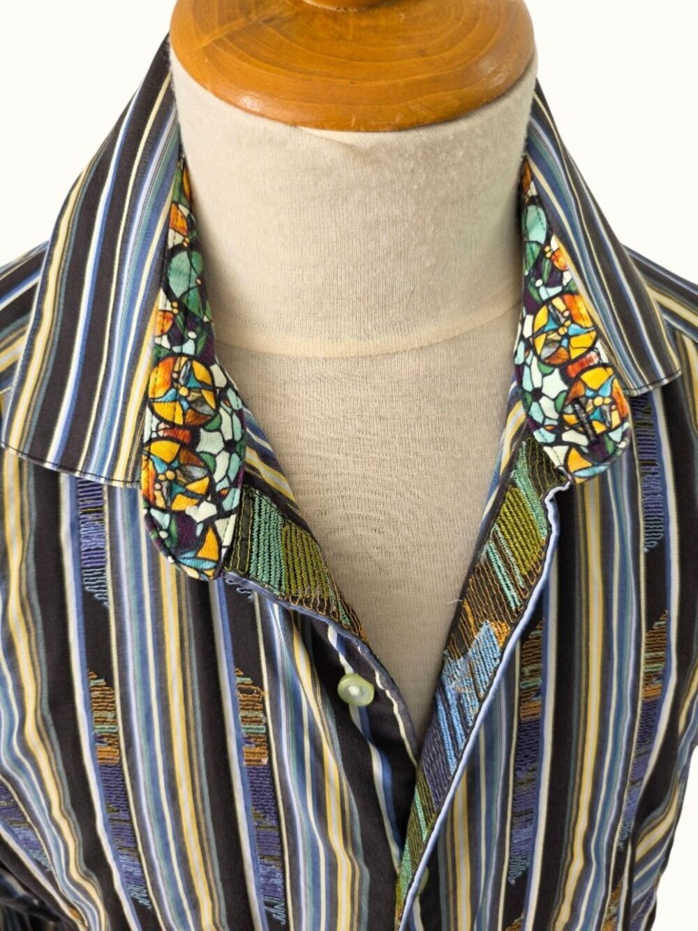 Robert Graham Y2K Blue Striped Shirt Mens L/XL Button Up Flip Cuff Contrast Trim